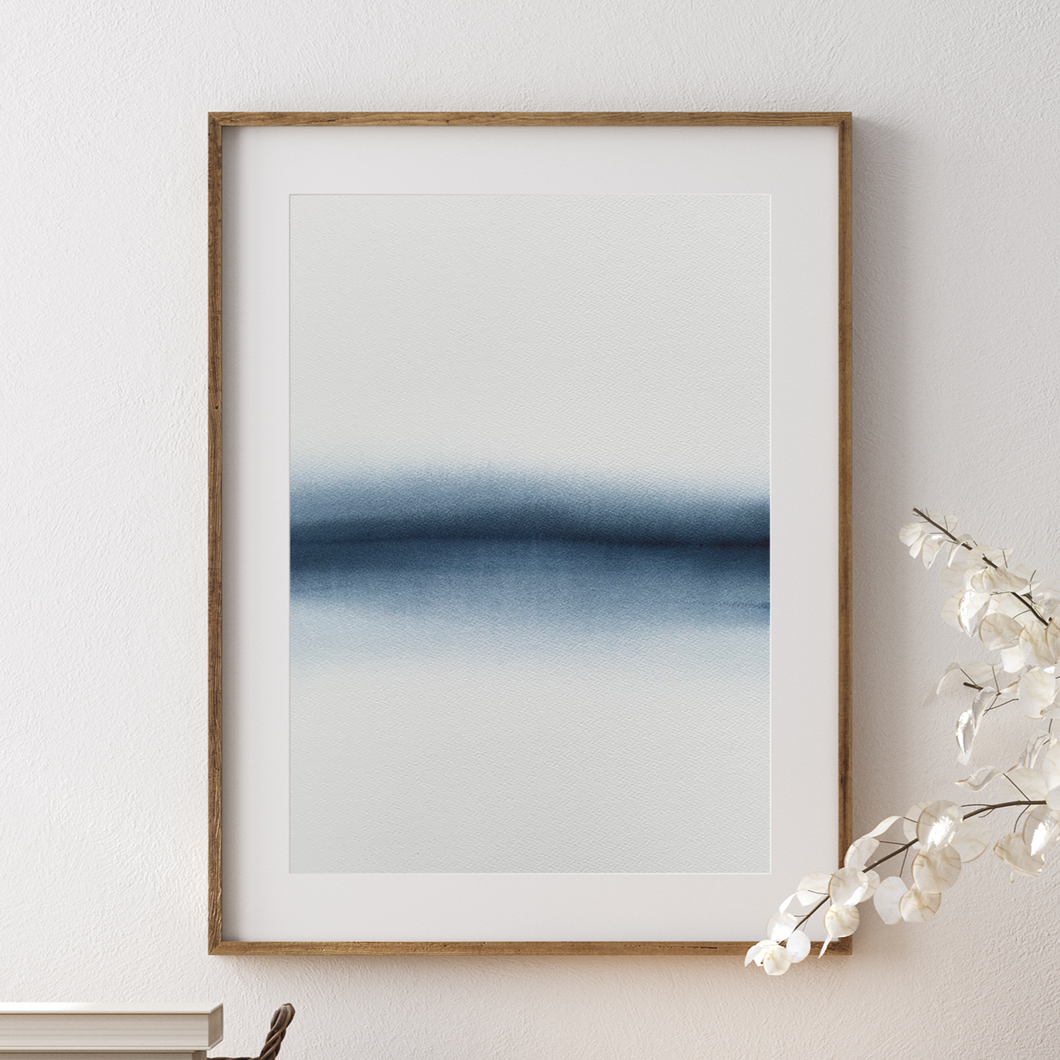 Original watercolour painting of a abstract dark blue landscape, serene contemporary painting