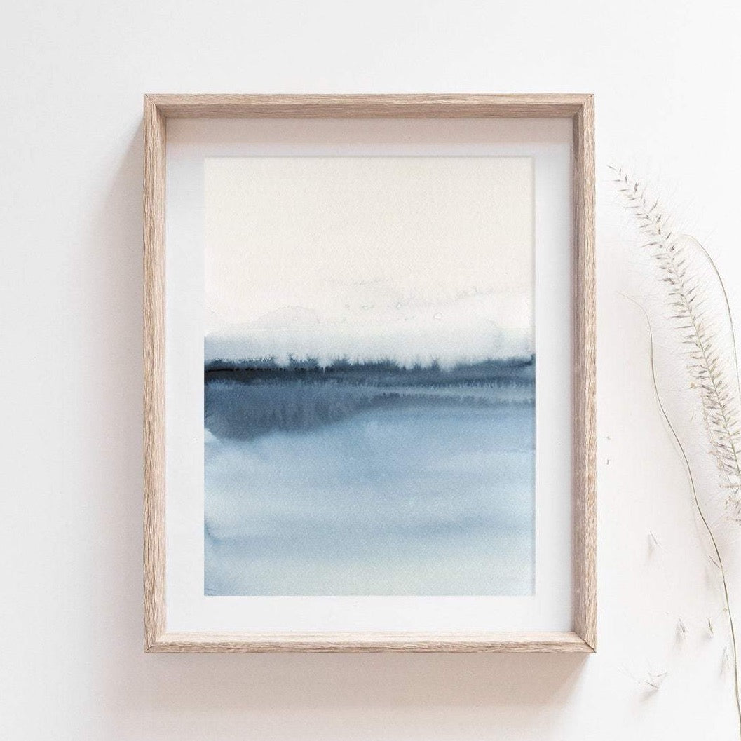 Giclee print of watercolour painting. Blue semi abstract landscape painting. Atmospheric artwork for apartment decor. 