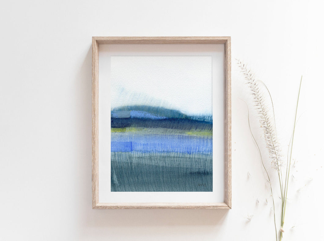 ORIGINAL abstract watercolour landscape painting - tranquil blue mountain scape, unique contemporary wall art